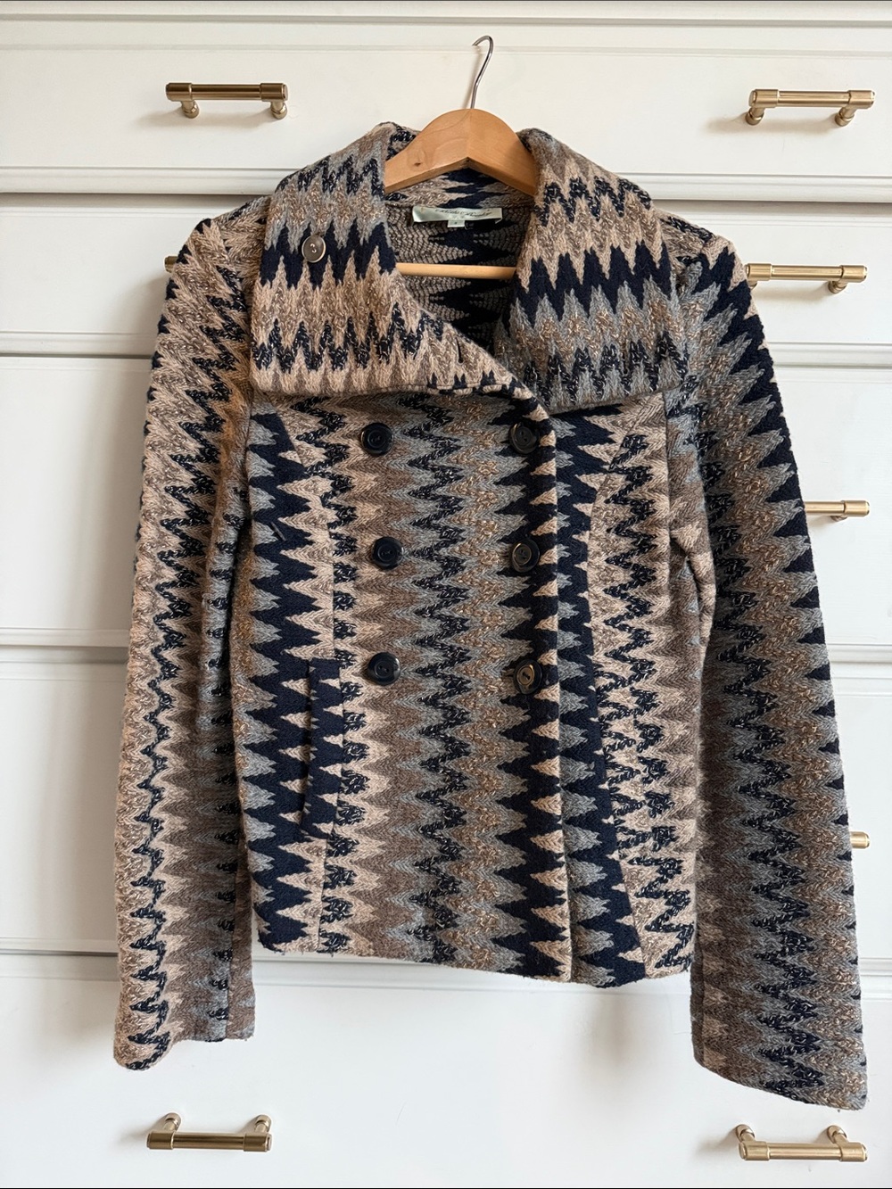 Beth Bowley Beige & Navy Double-Breasted Zigzag Pea Coat